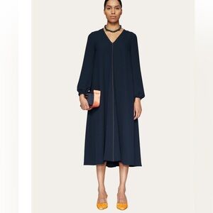 STINE GOYA Brooklyn Puff-Sleeve Midi Dress Navy Sz Small